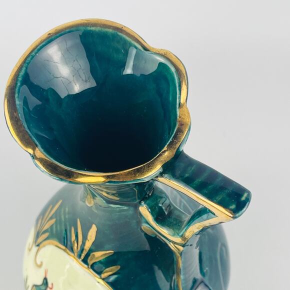 Hand Painted Ceramic Peacock Pitcher Gold Trim 7 1/8” - Picture 6 of 9